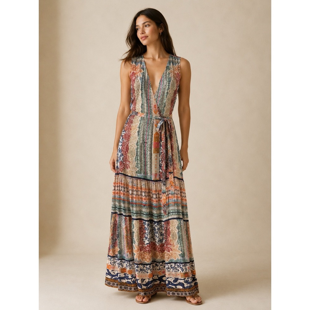 Johanne Beck Wrap Dress Women S 100% Silk Boho Maxi Tiered Print Vacation